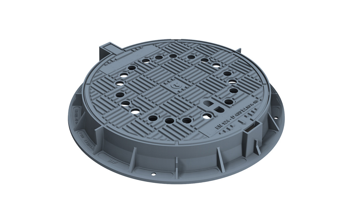Чугунен капак Ø600 мм с панта, вентилиран, клас D400 Чугунен капак Ø600 мм с панта, вентилиран, клас D400